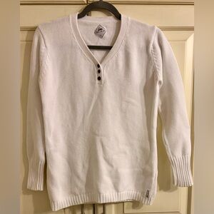 Blanc du Nil White V-Neck Sweater with Button Accents. Medium. 100% Cotton.